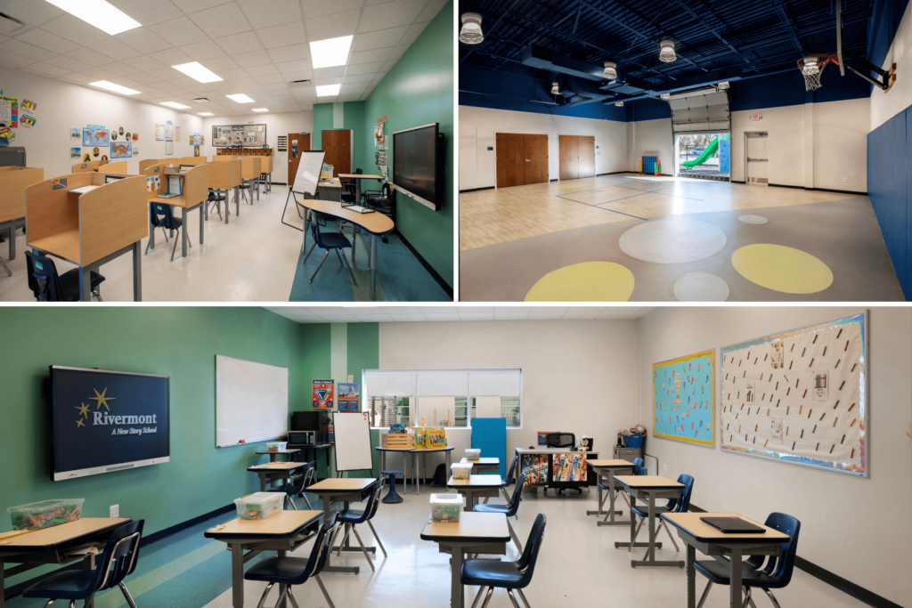 A collage of images showing HBW Construction's design & build work for The Rivermont School in Virginia Beach & Warsaw, VA. 