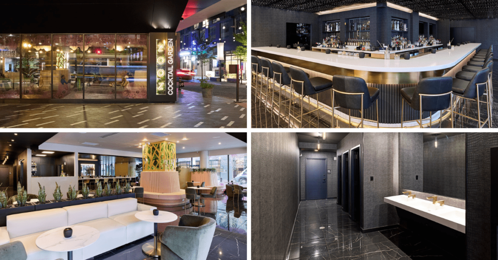 A collage of interior and exterior images of ZOOZ Cocktail Garden following HBW Construction's restaurant design & construction work.