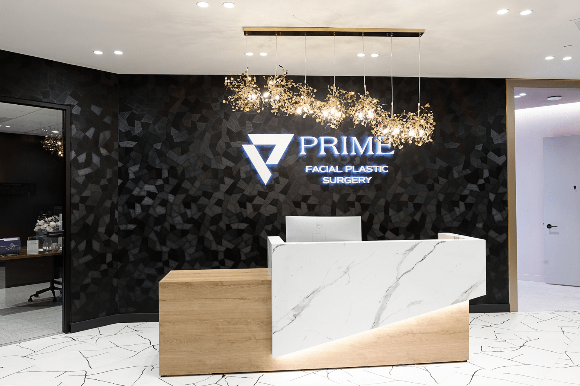 The front desk area of Prime Facial Plastic Surgery, a medical office construction project done by HBW Construction.