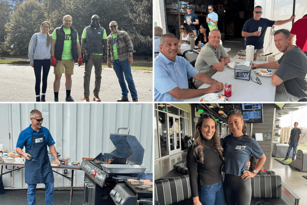 A collage of four photos showing HBW Construction's commercial construction team volunteering and enjoying team get-togethers.