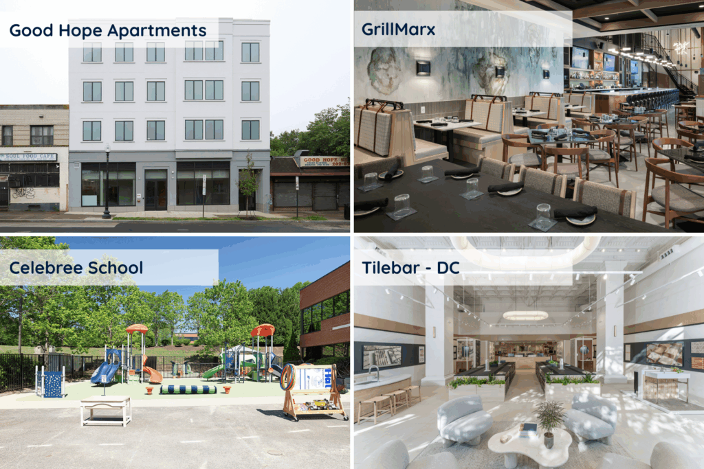 A collage showing four projects done by general commercial contractors at HBW Construction, a commercial construction company Maryland.
